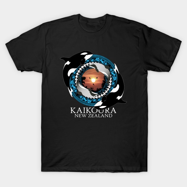 Orca and hector's dolphin Kaikoura New Zealand T-Shirt by NicGrayTees